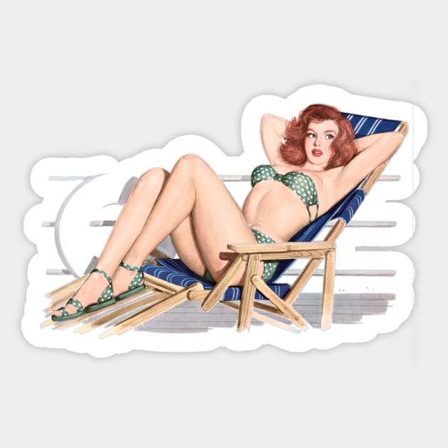 Sexy redhead pinup girl on deck chair Sticker by pickledpossums